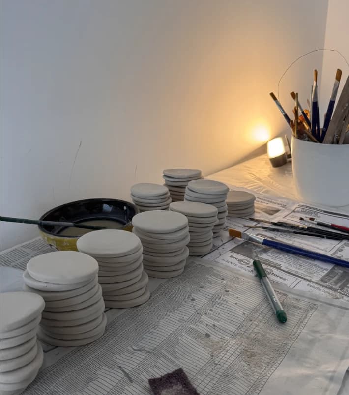Piezas de ceramica en secado sobre una mesa con herramientas.